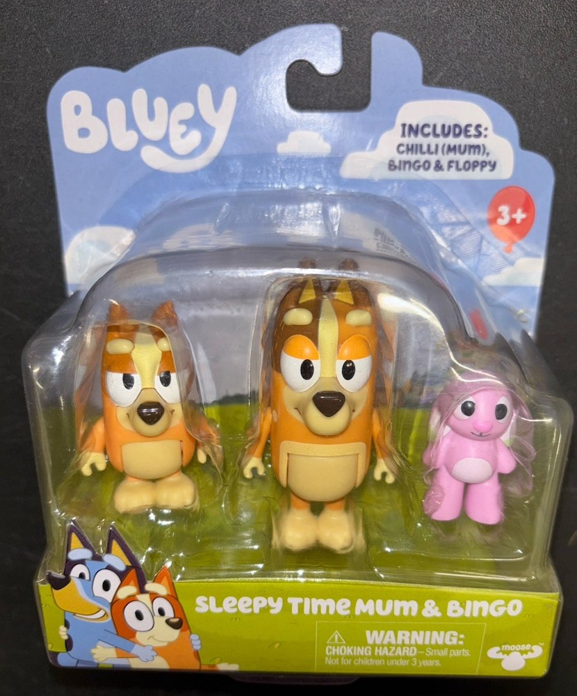 Bluey & Friends Sleepytime Mum & Bingo Floppy 3 Pack Pink Bunny 2.5″ Figures