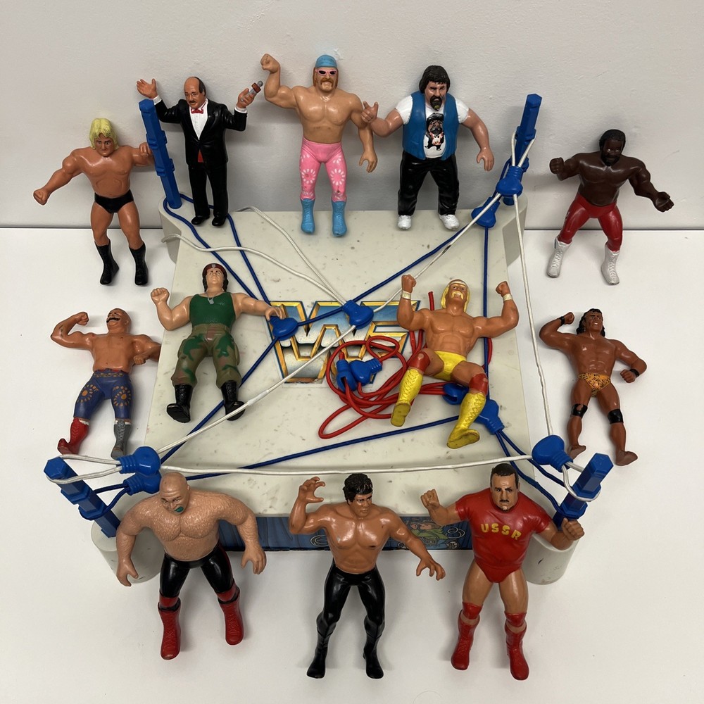 WWF 1985 Sling Em Fling Em Ring & Lot Of 12 Wrestling Figures, 1984 ~ 1986 VTG