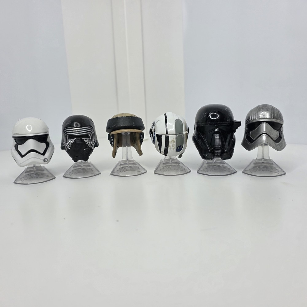 Star Wars Diecast Lot of 6 Black Silver Red Mini Helmets Stands Plastic Scratch