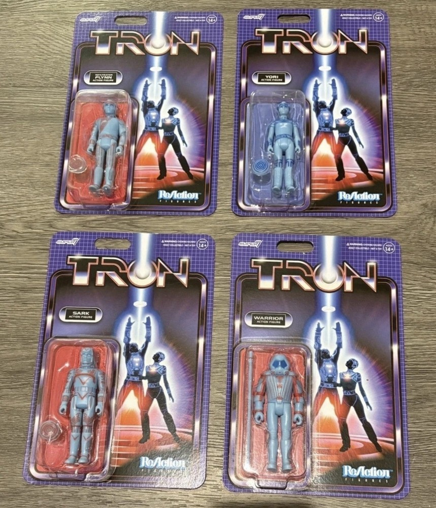 Super 7 Tron Reaction Figure Set Of 4 Lot Disney Parks Flynn Yori Sark Warrior
