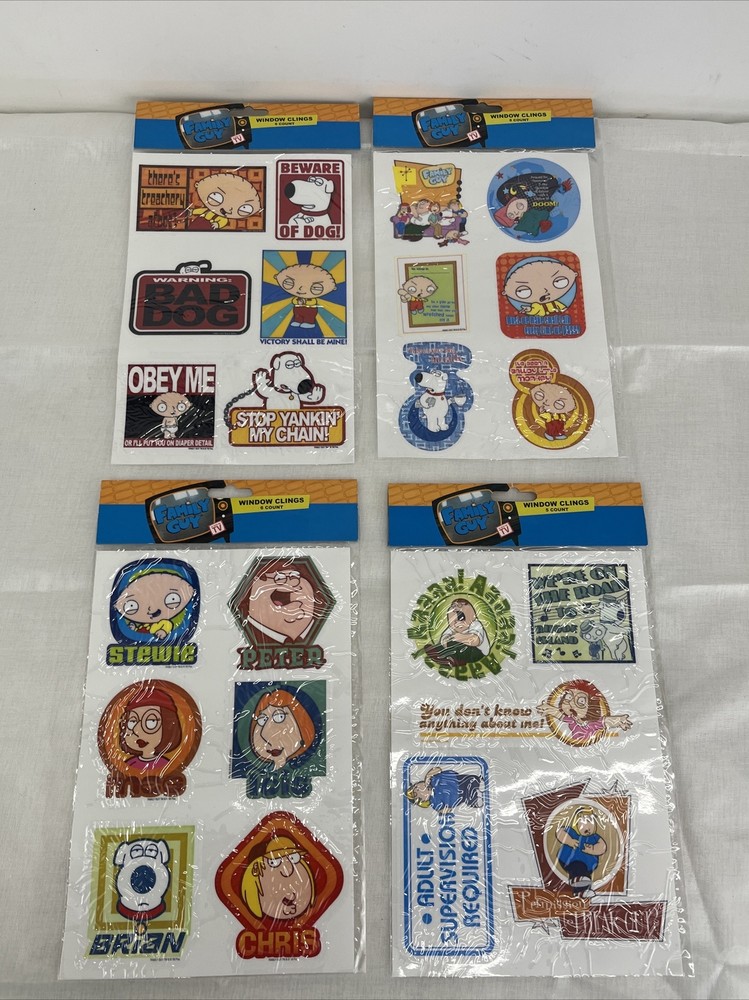 4 FAMILY GUY WINDOW CLINGS SET Peter Brian Stewie Griffin TV Show Auto Car Glass