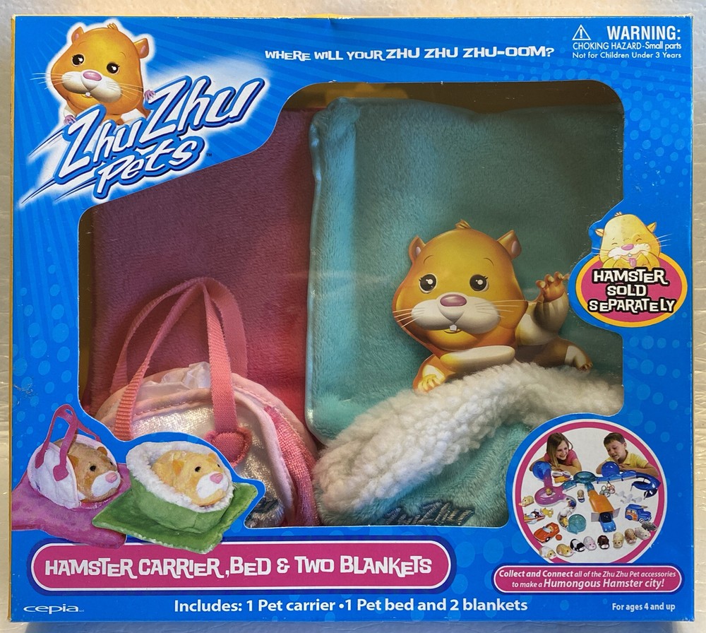 Zhu Zhu Pets Hamster ~ Pet Carrier, Bed, & 2 Blankets ~ BLUE & PINK ~ New in Box