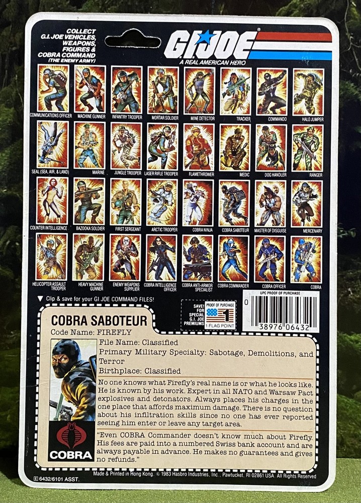 Vintage 1984 G.I. Joe FIREFLY v1 Full UNCUT Peach File Card Back GI Cobra ARAH