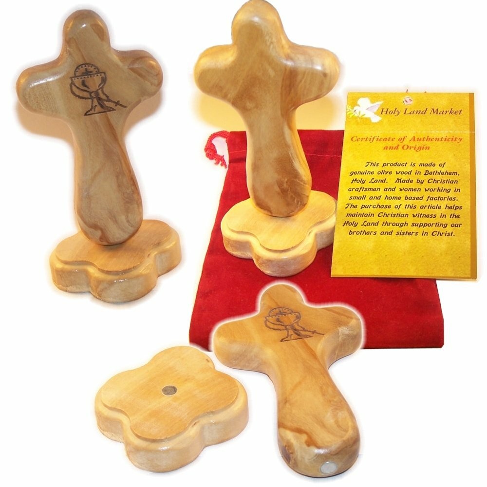 Catholic Communion/Rosary – Hand or Table Cross, with Velvet Bag & Card – 4″