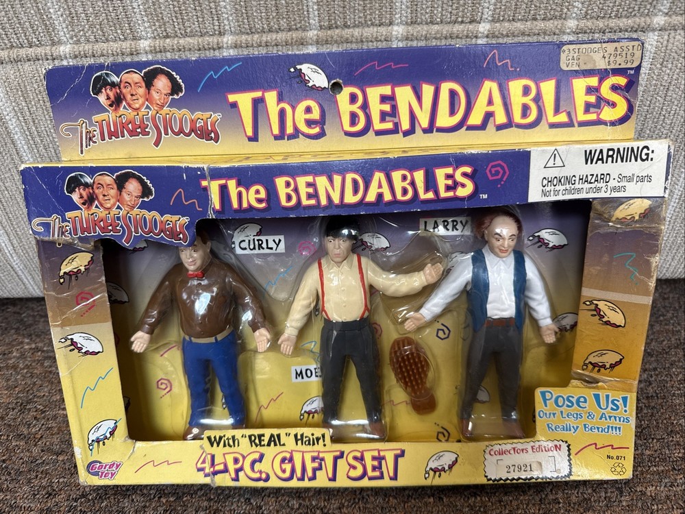 Vintage 1996 The Three Stooges Bendables 4 Pc Gift Set Real Hair Gordy Toys NOS