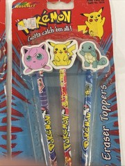 6 Pencils With Eraser Toppers Vintage 1999 Pokémon Gotta Catch ’em All! Rose Art