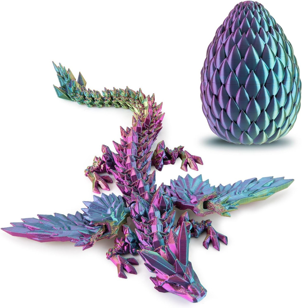 3D Printed Dragon with Egg, Articulated Crystal 9″ Winged Dragons and 5.5″ Eggs