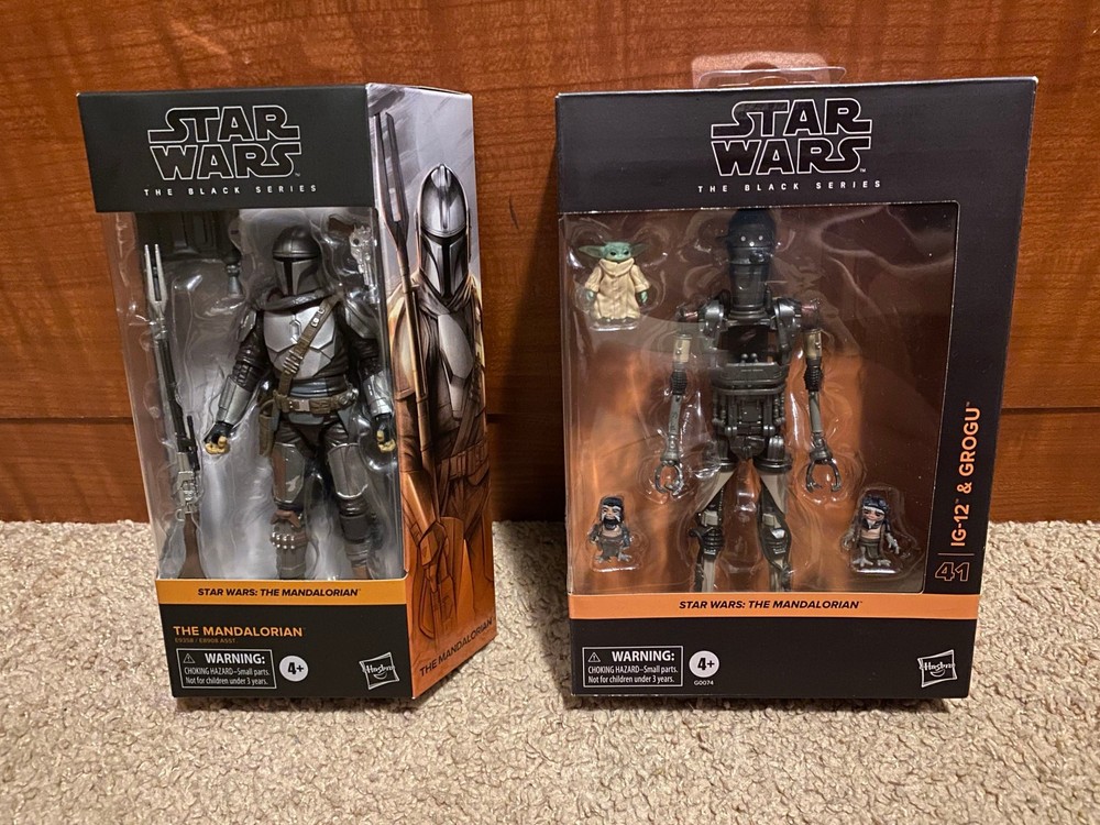 Star Wars Mandalorian (Beskar) and IG-12 & Grogu The Black Series Action Figures