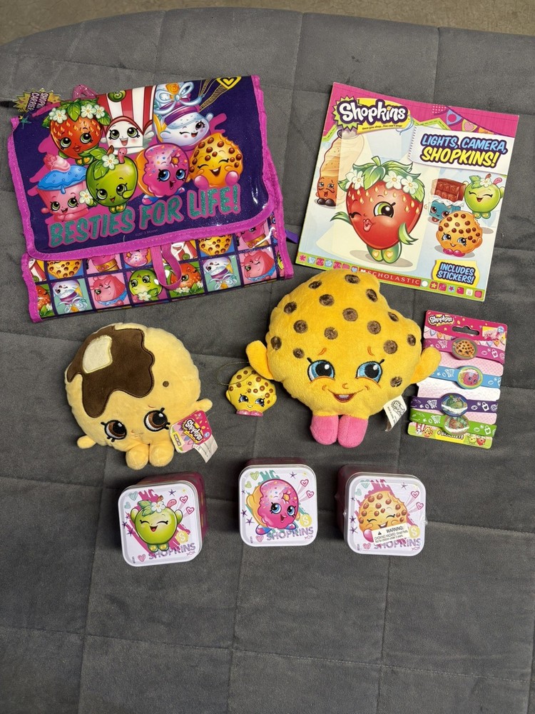 Shopkins Merch Mixed Lot Of 9 Items: Plush, Bracelets, Book, Organizer & More