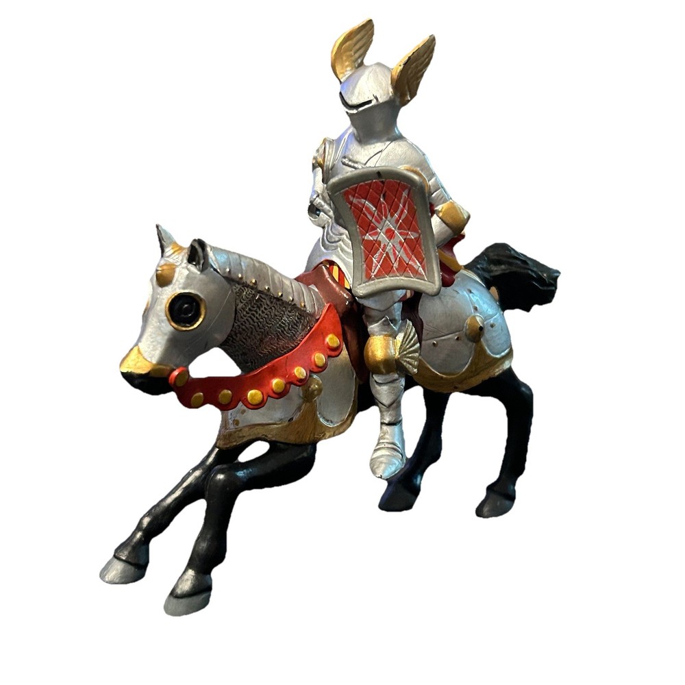 Papo Medieval Knight Red Silver Rider Black Horse Jousting 2001 Figure 3”