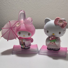 Sanrio Hello Kitty & My Melody Pink/White Plastic Figurine Set w/ Stand Umbrella