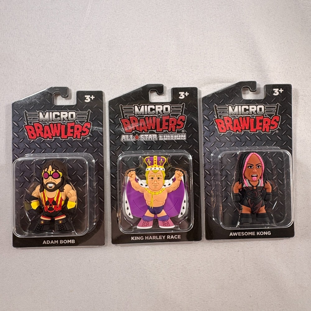 Lot of 3 New/Sealed Micro Brawler Figures: Adam Bomb Harley Race & Awesome Kong