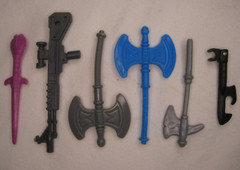TMNT Raph dagger, Rocksteady gun, MOTU battle axes, transformer ratchet weapons