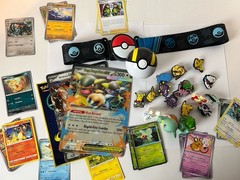 Lot of Pokemon Cards, Figures, Jibbitz, Belt, Pokeball, Stickers