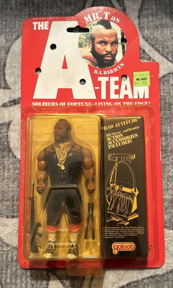 VINTAGE 1983 GALOOB A-TEAM MR. T B A BARACUS ACTION FIGURE ON CARD – WEAR READ!
