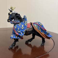 Black Plastic Horse Blue Red & Gold Medieval Gear 4 in Tall X 5 in Long