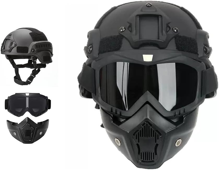 MICH Tactical Helmets with Detachable Face Mask Goggles One Size, Black lens