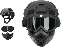MICH Tactical Helmets with Detachable Face Mask Goggles One Size, Black lens