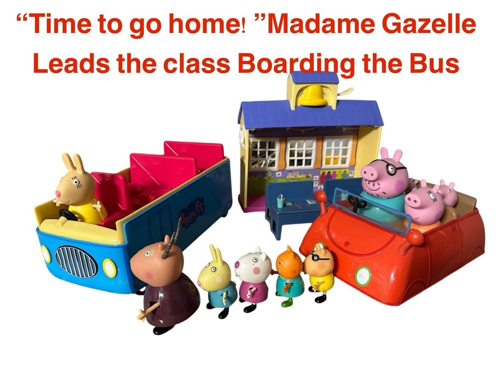 Miss Rabbit Big School Bus + Madam Gazelle School Set, Free Peppa Pig Family Car