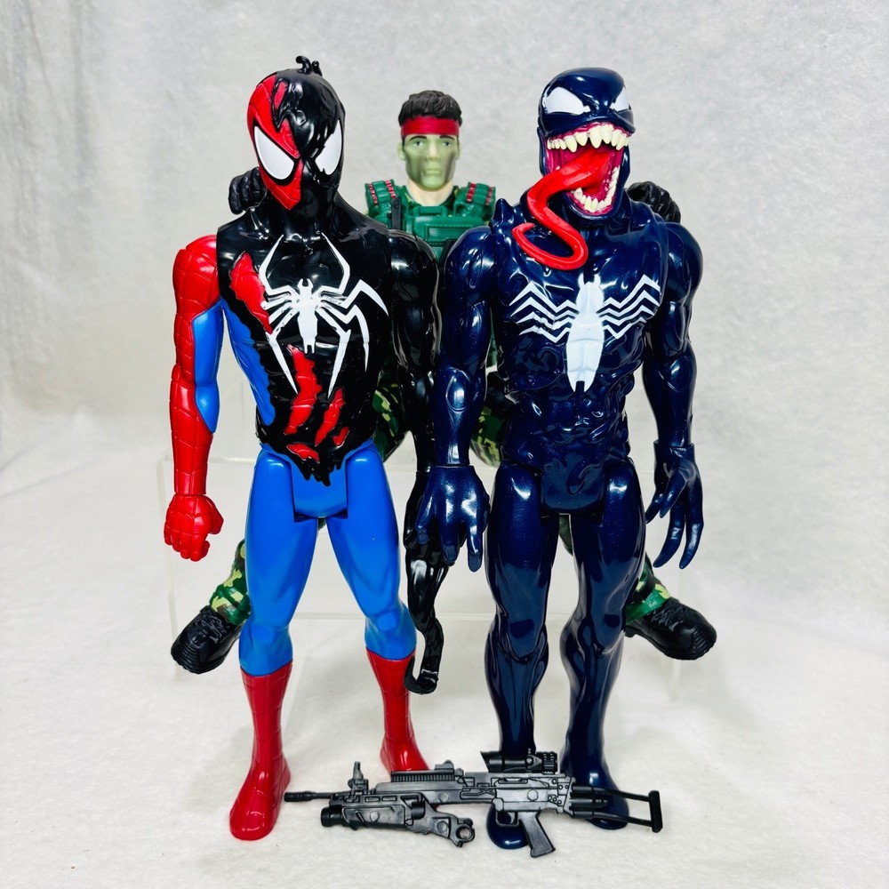 Marvel Spider-Man Venom Action Figure Lot with Camo Military Soldier Toy Rifle