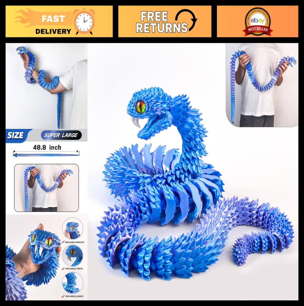 48.8″ Large 3D Printed Movable Snake Toy – Articulated Fidget Decor for Home & O
