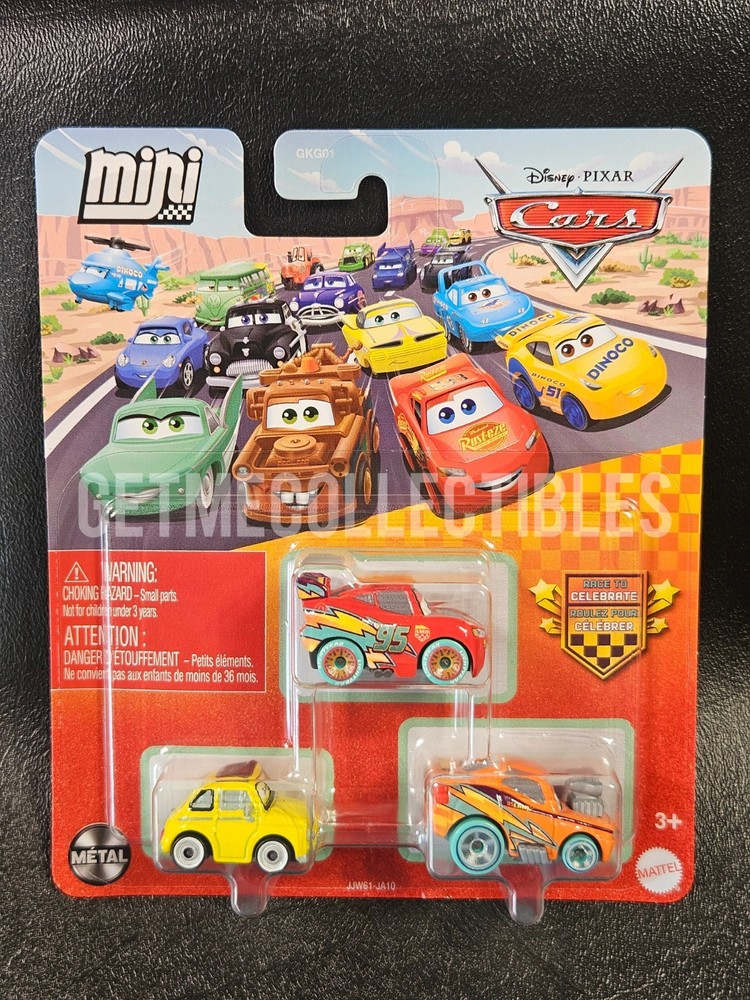 DISNEY CARS MINI RACERS CELEBRATE LIGHTNING MCQUEEN SNOT ROD 2026 3 PACK $15+