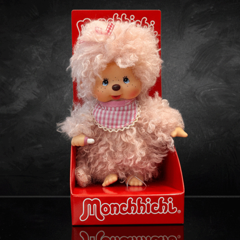 8″ Large Monchhichi Doll – Girl with Fluffy Pink Beige Fur – Authentic Monkey