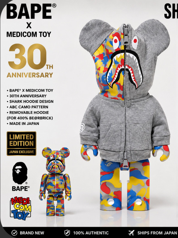 BAPE x Medicom Toy 30th Anniversary Shark Hoodie BE@RBRICK 100% 400% Set