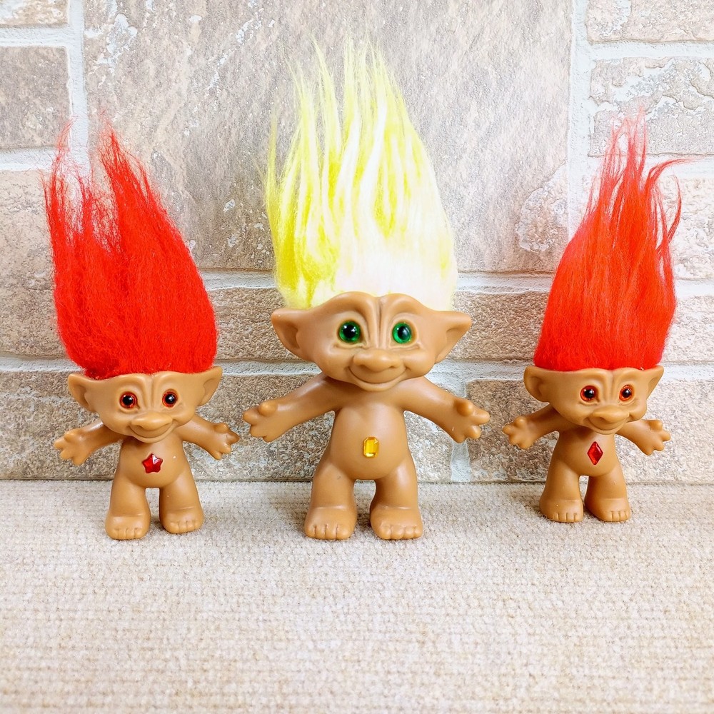 VTG Ace Novelty Troll Doll Lot of 3 Red Yellow Hair Lucky Gem Jewel Belly 3-5″