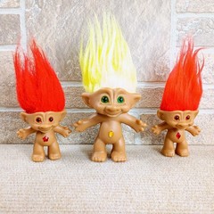 VTG Ace Novelty Troll Doll Lot of 3 Red Yellow Hair Lucky Gem Jewel Belly 3-5″