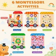 Wooden Train Busy Board, Montessori Sensory Activity Wall Toy, 6-in-1 Toddler…