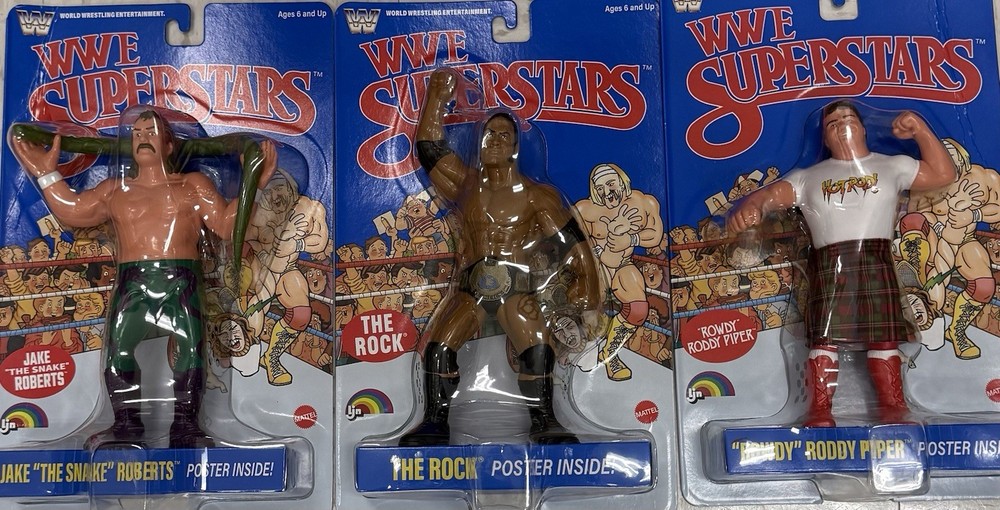 WWE Superstars LJN Series 3 Set Of 3! Rock, Rowdy, Jake! Blue Card! FREE SHIP!