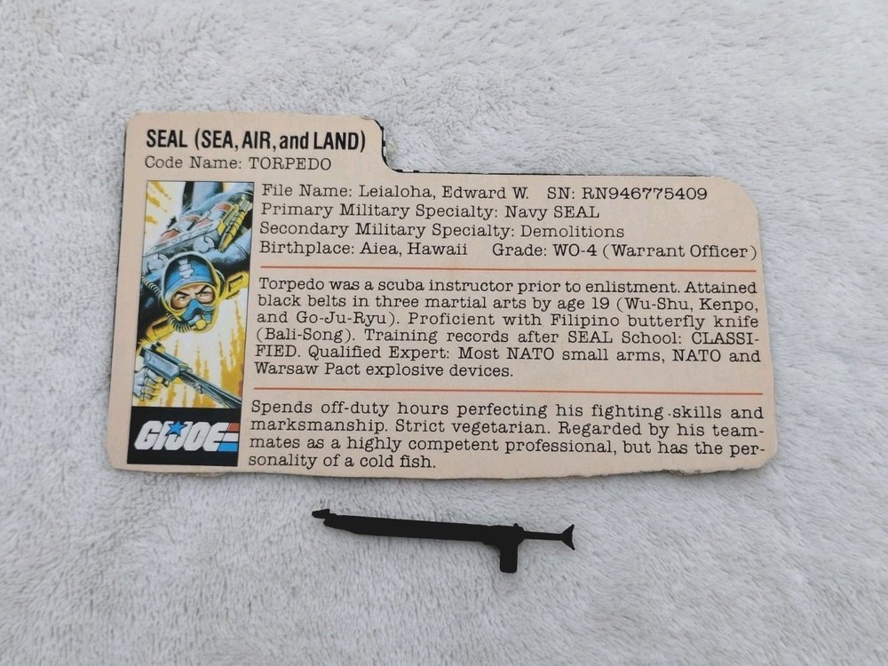 GI Joe ARAH Torpedo 1983 File Card Vintage G.I. Filecard And Weapon