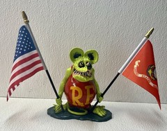 Rat Fink Style Mouse Figurine w/ Flag – Plastic Green Red Yellow Black