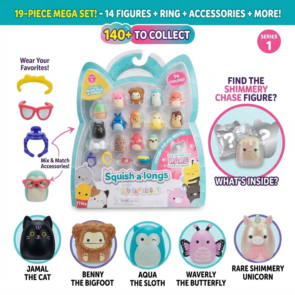 Squishmallows Squish-a-longs Series 1 14-Pack Mini Figures + Mystery Rare Figure