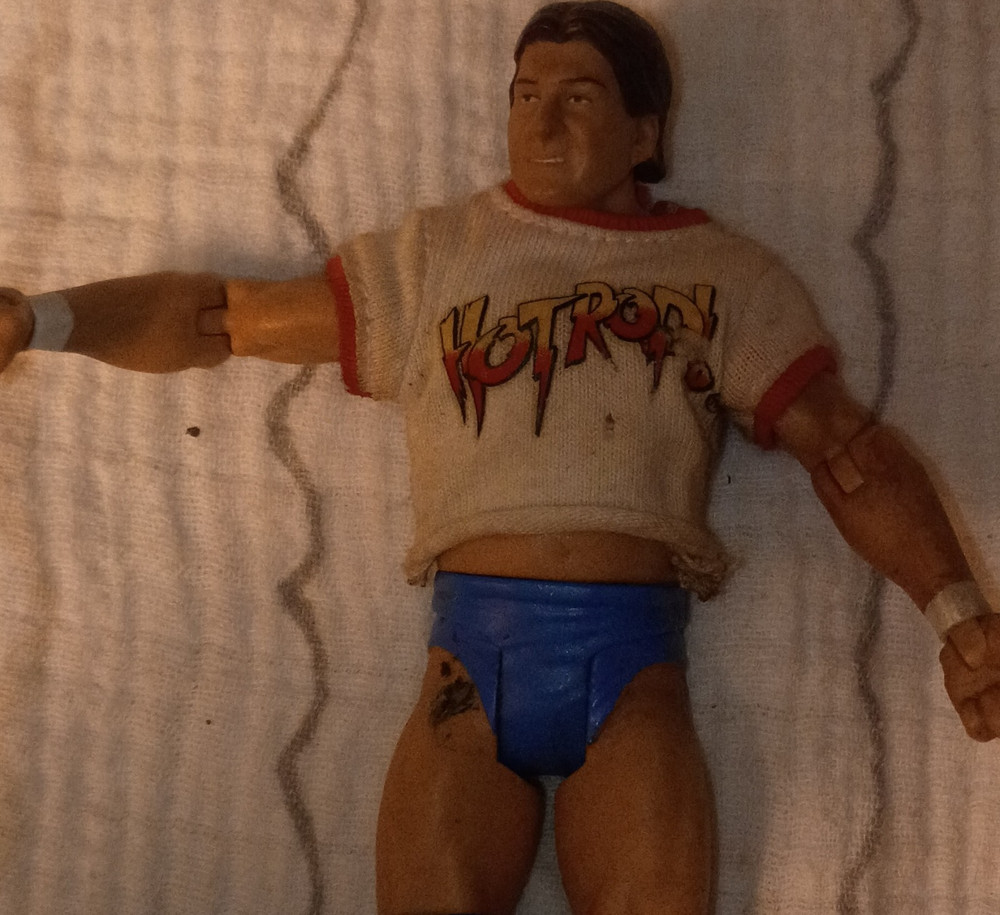 Wrestling Action Figure – Plastic/Fabric Shirt, Blue Trunks, Beige/Blue