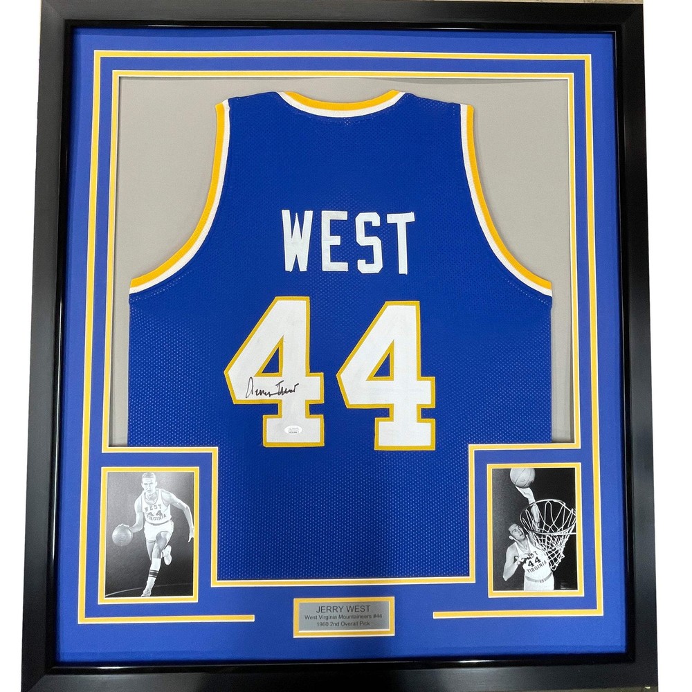 Framed Autographed/Signed Jerry West 33×42 West Virginia Blue Jersey JSA COA