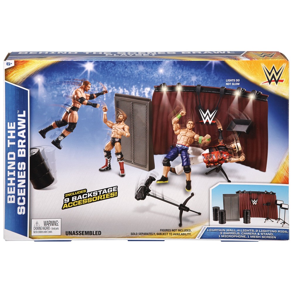 WWE Behind The Scenes Brawl Playset Backstage Promo Curtains Lights Rigs