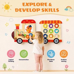Wooden Train Busy Board, Montessori Sensory Activity Wall Toy, 6-in-1 Toddler…