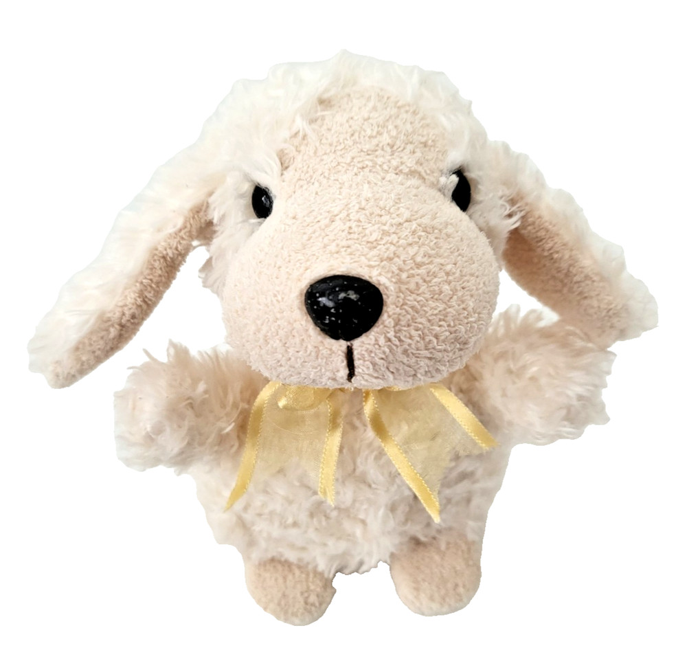 Poodle Dog Plush Toy Cream Beige Beanie Puppy 6.5″ Yellow Bow Shaggy Vintage
