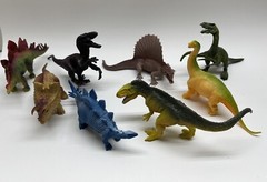 Lot of 8 Mixed Toy Plastic Rubber Dinosaurs. Tallest Around 4”.