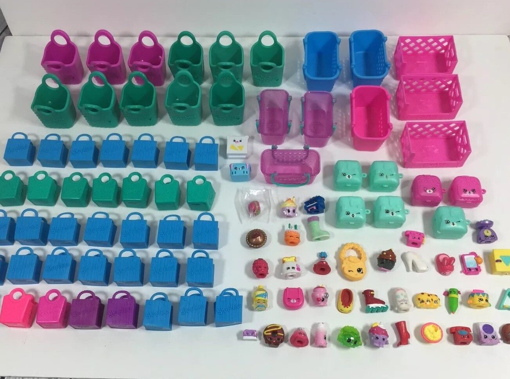 Shopkins Lot of 100 Pieces Moose Children Toy Figures Bags Baskets Crates