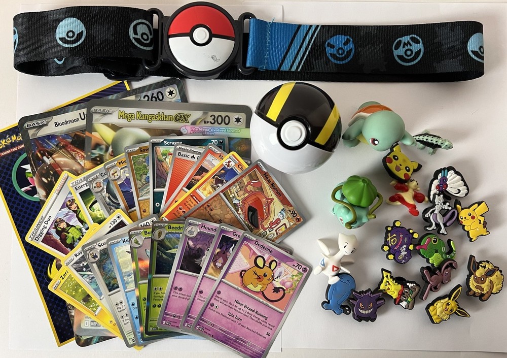 Lot of Pokemon Cards, Figures, Jibbitz, Belt, Pokeball, Stickers