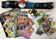 Lot of Pokemon Cards, Figures, Jibbitz, Belt, Pokeball, Stickers