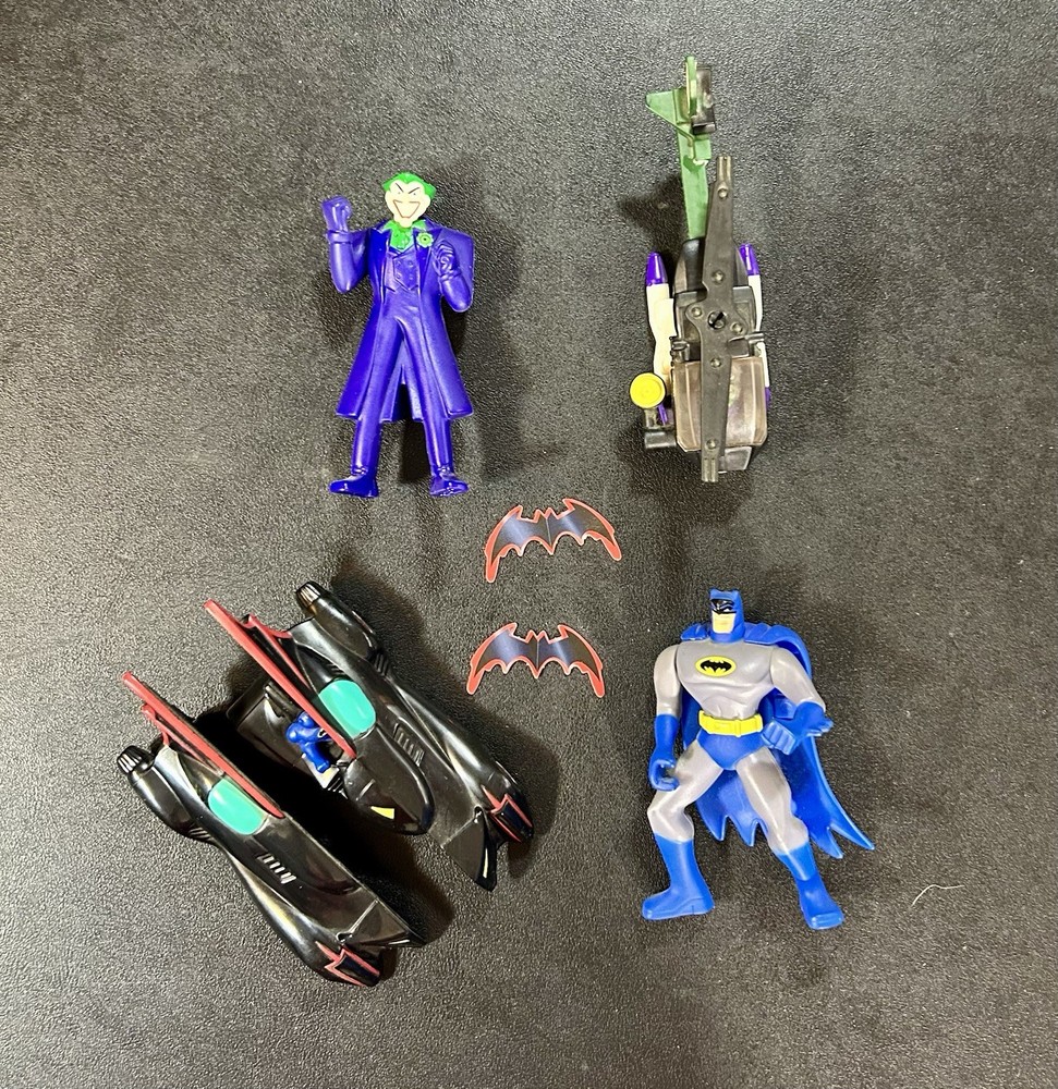 Vintage fastfood Batman and joker toy lot Batmobile Lego joker chopper batarangs