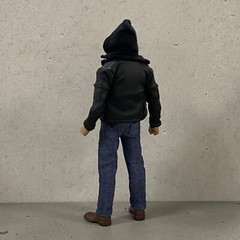 PB-JIG-SET: 1/12 Scale Black Coat, Jeans, Hoodie for Mezco Nota Slim body