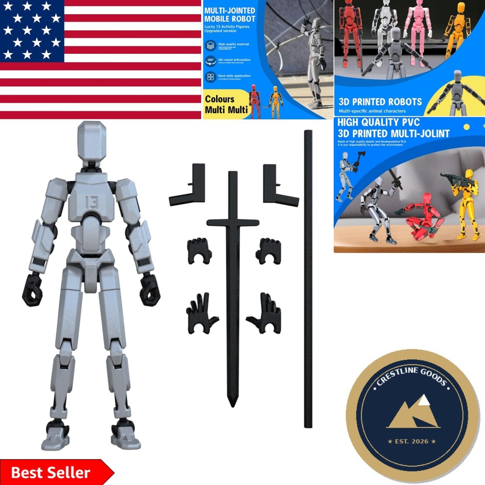 T13 3D Printed Fully Articulated Robot Action Figure – Customizable Silver Titan