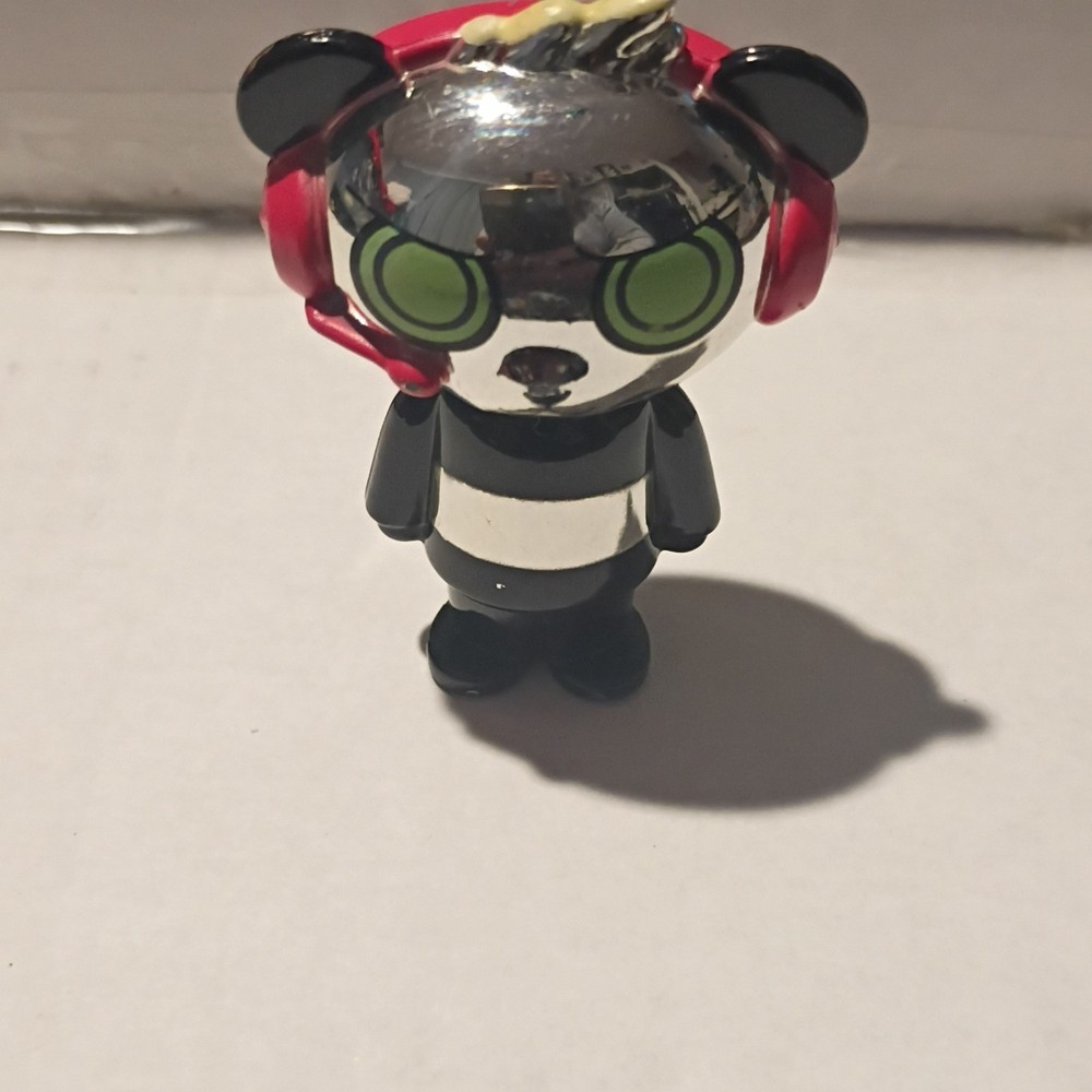 Panda Bear Plastic Figurine Toy Black White w/ Red Headphones Green Eyes