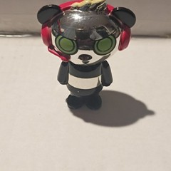 Panda Bear Plastic Figurine Toy Black White w/ Red Headphones Green Eyes
