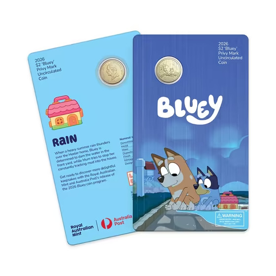 Bluey 2026 $2 Coin in Card with Privy Mark/ Stamp & Pin Cover – Pick Your Own